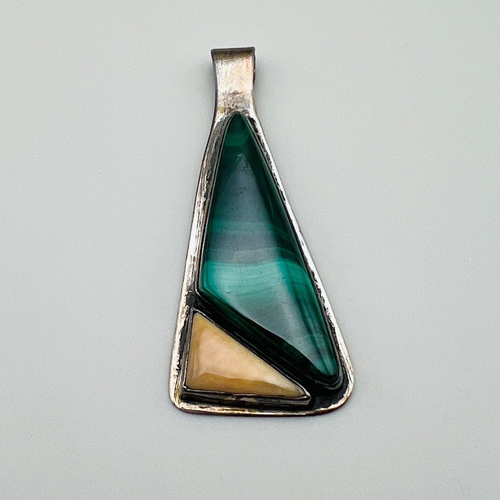Artisan Malachite Pendant Geometric Triangle Silver Tone Statement Southwestern